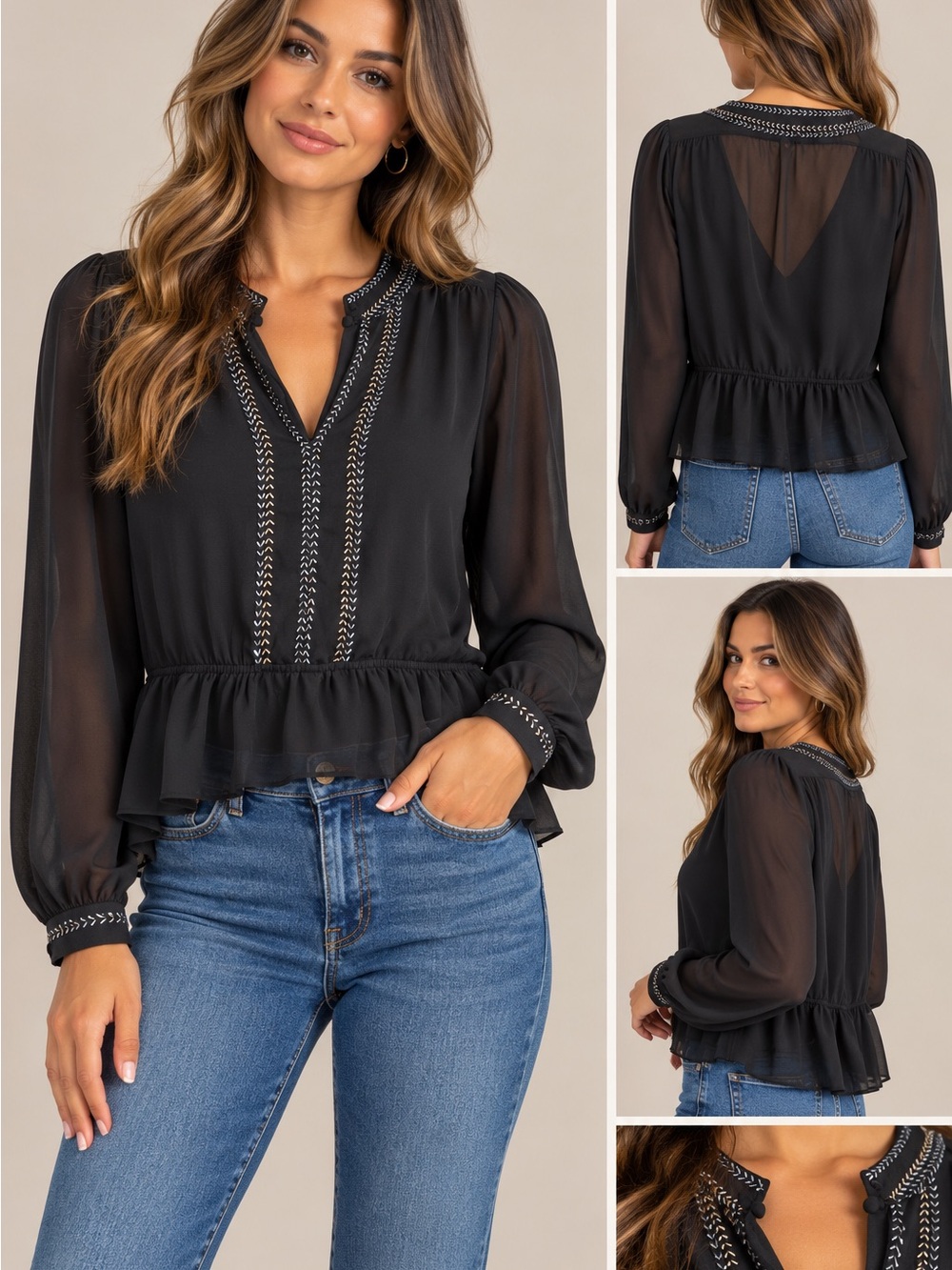 Free People Black Embroidered Peplum Top
